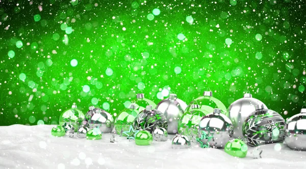 Zielone i białe Boże Narodzenie prezenty i bombki ustawieni 3d renderin — Zdjęcie stockowe