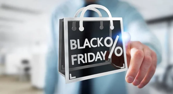 Empresário desfrutando de vendas Black Friday 3D renderização — Fotografia de Stock