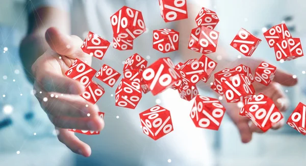 Empresário usando ícones voadores de vendas brancas e vermelhas renderização 3D — Fotografia de Stock