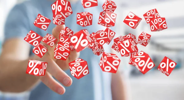 Zakenman met behulp van witte en rode sales vliegen pictogrammen 3D-rendering — Stockfoto