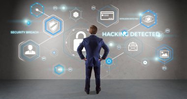 Bir duvar 3d render virüsten koruma arabirimini kullanarak iş adamı