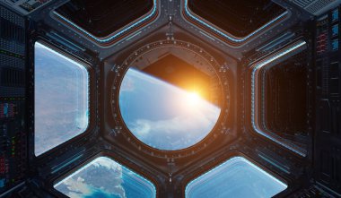 Bir uzay istasyonu pencere 3d işleme el Dünya gezegeninden görünümünü