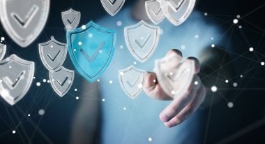 Modern veri kalkan virüsten koruma 3d işlemesini kullanan iş adamı