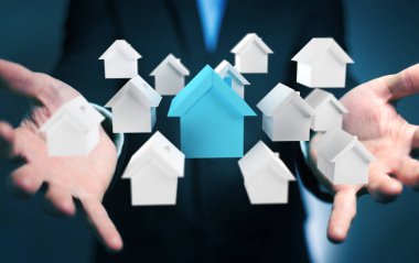 3D işlenmiş küçük beyaz ve mavi ev kullanarak iş adamı