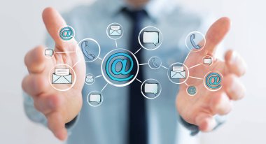 Çizilmiş grafik iletişim ve bağlantı ile tutan işadamı