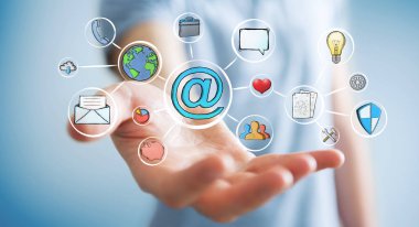 Multimedya arabirimi çizilmiş tutan işadamı