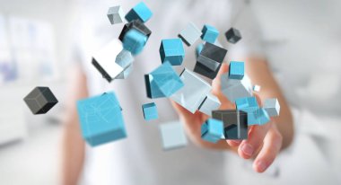 Kayan mavi parlak küp ağ 3d renderi dokunmadan işadamı