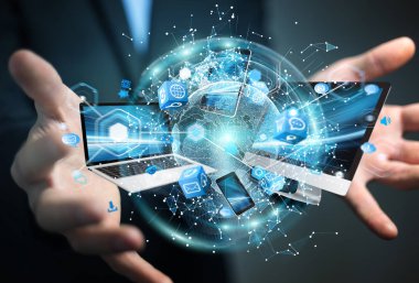 Teknik cihazlar birbirine işadamı 3d render tarafından bağlı