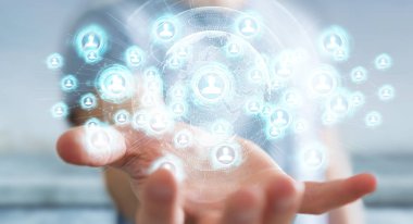 Sosyal ağ arabirimi 3d işlemesini kullanan iş adamı