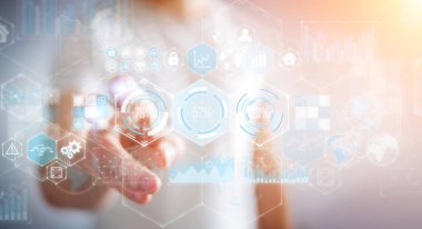 Dijital ekranlar 3d renderin hologramlar verileri kullanarak iş adamı