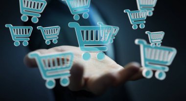Dijital alışveriş simgeleri 3B oluşturmayı kullanarak iş adamı