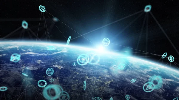 Globala nätverk och datas utbyten över planeten jorden 3d rämna — Stockfoto