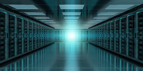 Sala de servidores centro de datos interior 3D renderizado —  Fotos de Stock