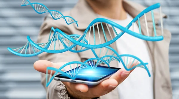 Empresário usando a moderna estrutura de DNA 3D renderização — Fotografia de Stock