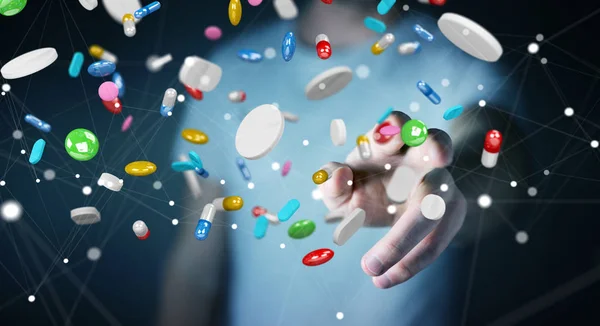 Empresário segurando e tocando pílulas de medicina flutuante 3D rend — Fotografia de Stock