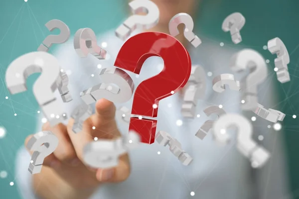 Businesswoman using 3D rendering question marks — Stock Photo, Image