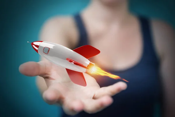 Деловая женщина держит и трогает ракету 3D рендеринг — стоковое фото