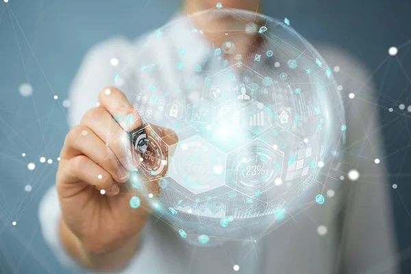 Businesswoman using holograms datas digital sphere with a pen 3D