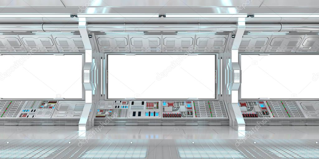 Spaceship interior with view on white windows 3D rendering