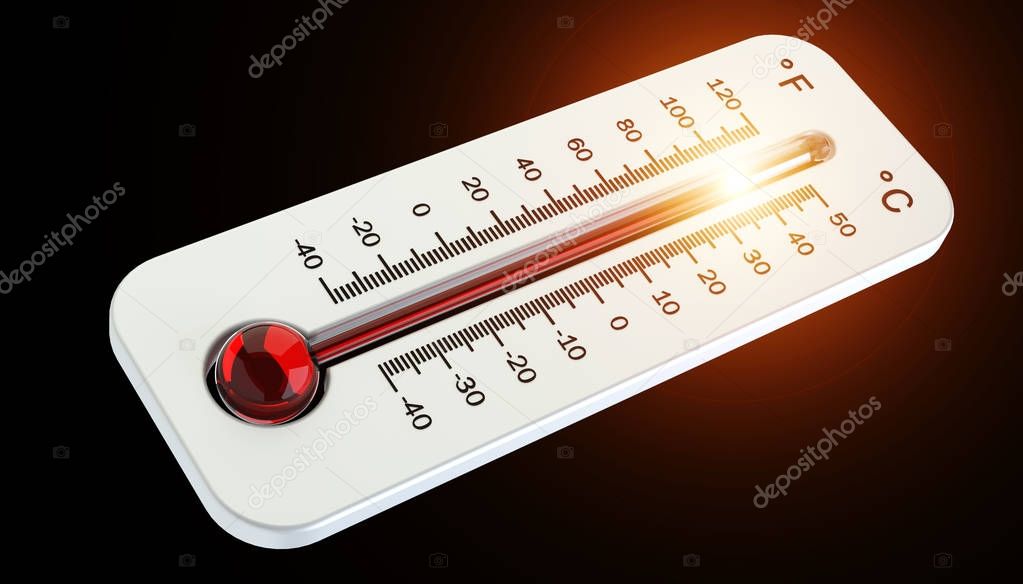 Thermometer with red temperature rise 3D rendering