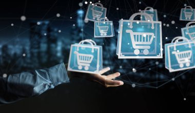 Dijital alışveriş simgeleri 3B oluşturmayı kullanarak iş adamı