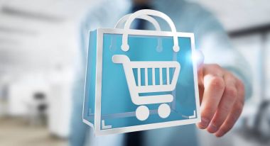 Dijital alışveriş simgeleri 3B oluşturmayı kullanarak iş adamı