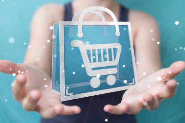 Dijital alışveriş simgeleri 3B oluşturmayı kullanarak iş kadını