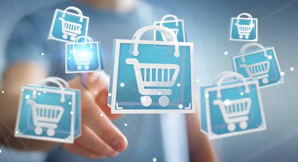 Empresario usando iconos de compras digitales renderizado 3D — Foto de Stock