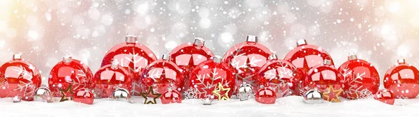 3D render kadar dizilmiş kırmızı ve beyaz Noel baubles — Stok fotoğraf