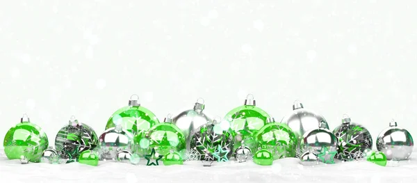 Πράσινα και λευκά στολίδια Χριστουγέννων παρατάσσονται 3d rendering — Φωτογραφία Αρχείου