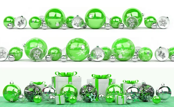 Zöld és fehér karácsonyi baubles gyűjtemény sorakoznak a 3d renderelés ak — Stock Fotó
