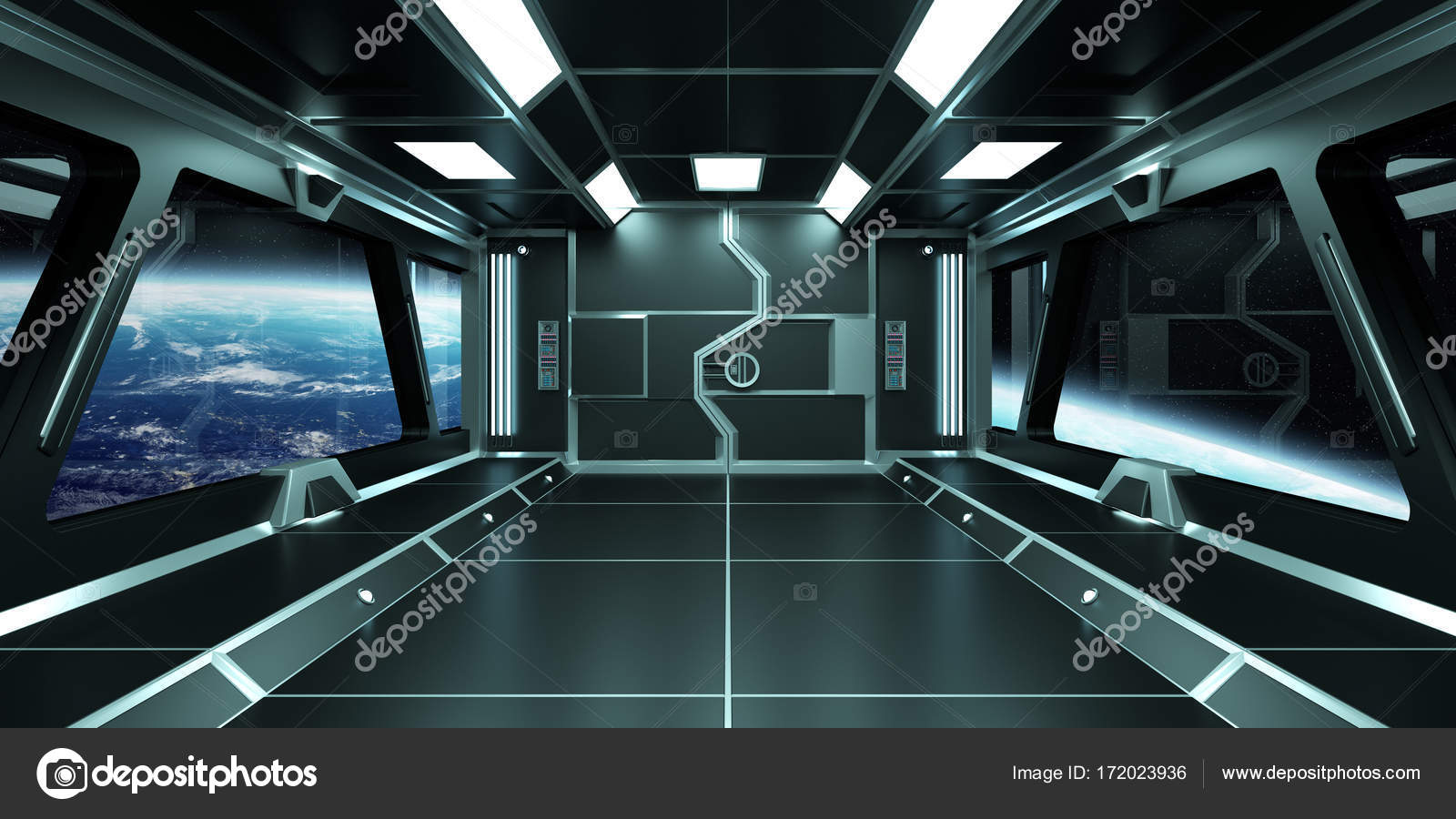 Spaceship Interior With View On Earth 3d Rendering Elements
