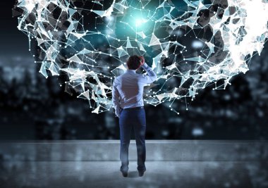 Bir çatı katı 3d renderin üzerinde bağlantı network izlerken işadamı