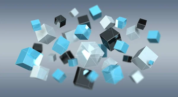 Galleggiante blu lucido cubo di rete di rendering 3D — Foto Stock