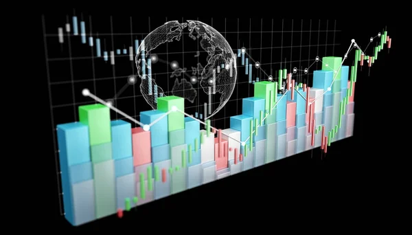 Digitális 3d renderelt tőzsdén statisztika és diagramok — Stock Fotó