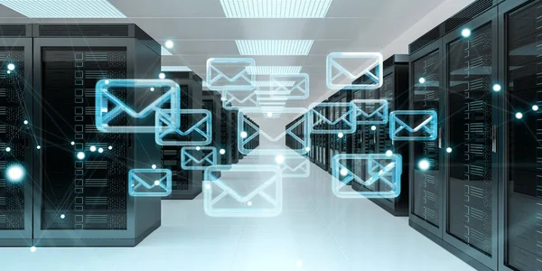 Emails exchange over server room data center 3D rendering