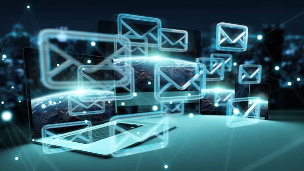 E-Mail-Icon-Schnittstelle über moderne Tech-Geräte 3D-Rendering — Stockfoto