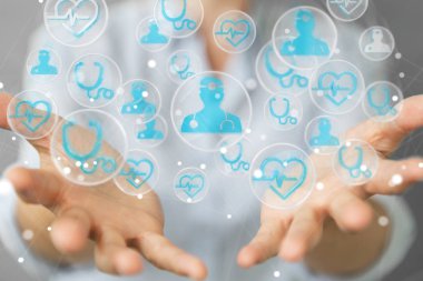 Modern tıbbi arabirimi 3d işlemesini kullanan iş kadını