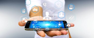 Modern tıbbi arabirimi 3d işlemesini kullanan iş adamı