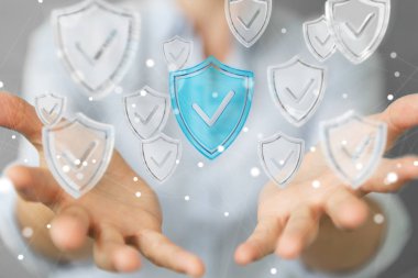 Modern veri kalkan virüsten koruma 3d işlemesini kullanan iş kadını