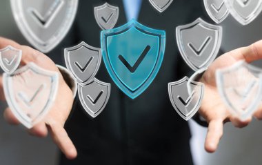 Modern veri kalkan virüsten koruma 3d işlemesini kullanan iş adamı