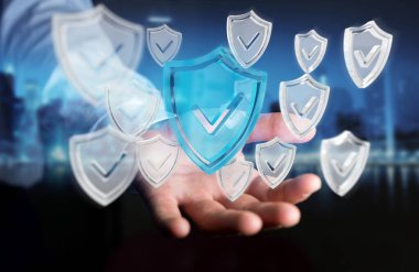 Modern veri kalkan virüsten koruma 3d işlemesini kullanan iş adamı