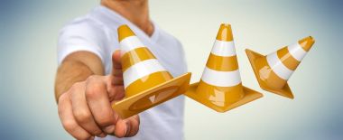 Dijital 3d render altında inşaat işaretleri kullanarak iş adamı