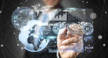 Dijital veriler dokunsal kalemle 3d render hareketli iş adamı