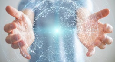 İşadamı 3d rende tarafından aktive uçan Dünya ağ arabirimi