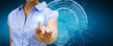 İşadamı 3d rende tarafından aktive uçan Dünya ağ arabirimi