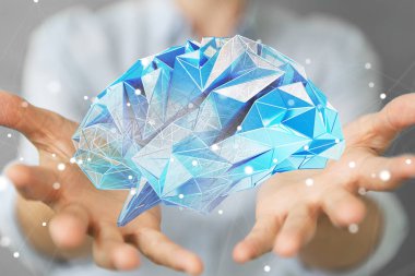 3d r işkadını dijital röntgen insan beyninde onu tutan el