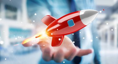 Holding ve bir roket 3d render dokunmadan işadamı