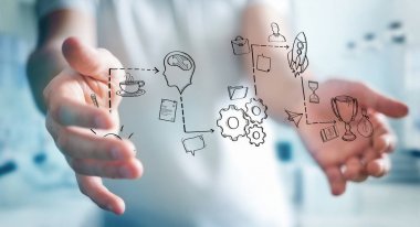 Eliyle el yazması proje sunum kullanarak iş adamı