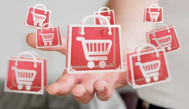 Dijital alışveriş simgeleri 3B oluşturmayı kullanarak iş adamı
